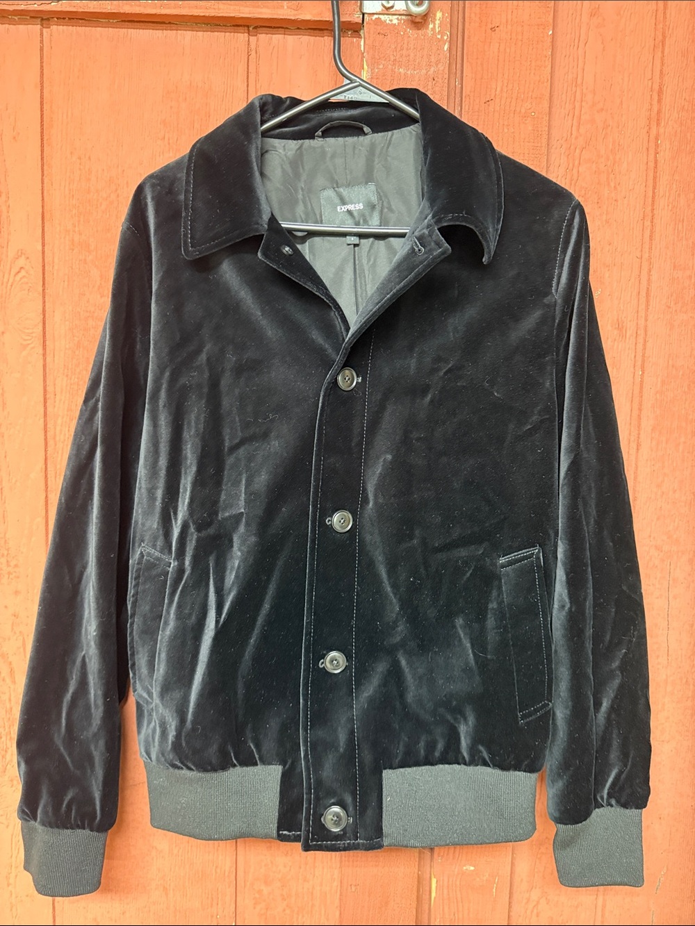 Express Black Velvet Bomber Jacket with Button Front